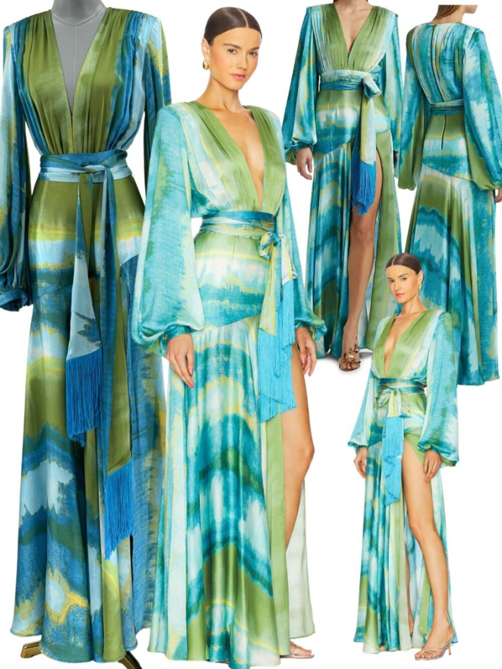 🆕 BRONX & BANCO 🧿 NWOT Coastal Carmen Belted Fringe Gown, Blue - Sz L US 8